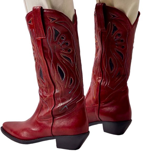 New Free People Rancho Mirage 6.5 Red Multi Embroidered MidCalf Leather Western - Picture 8 of 8